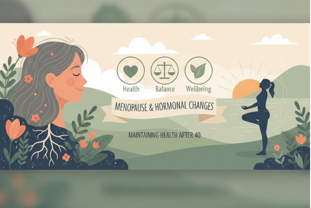 generate illustration banner image forMenopause and Hormonal Changes: Maintaining Health After 40 horizontal