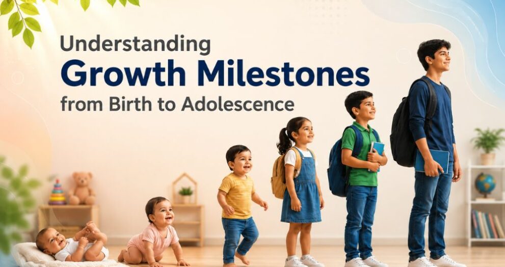 Growth milestones from birth to adolescence illustration