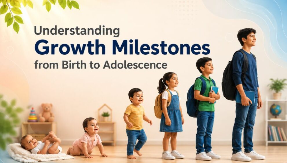 Growth milestones from birth to adolescence illustration
