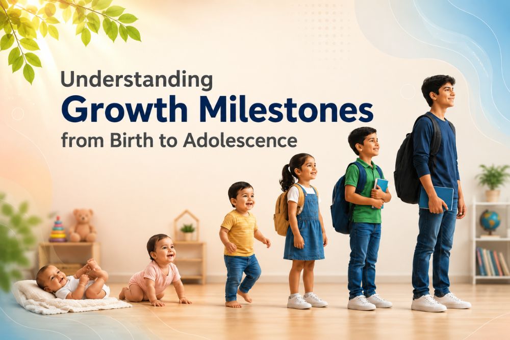 Growth milestones from birth to adolescence illustration